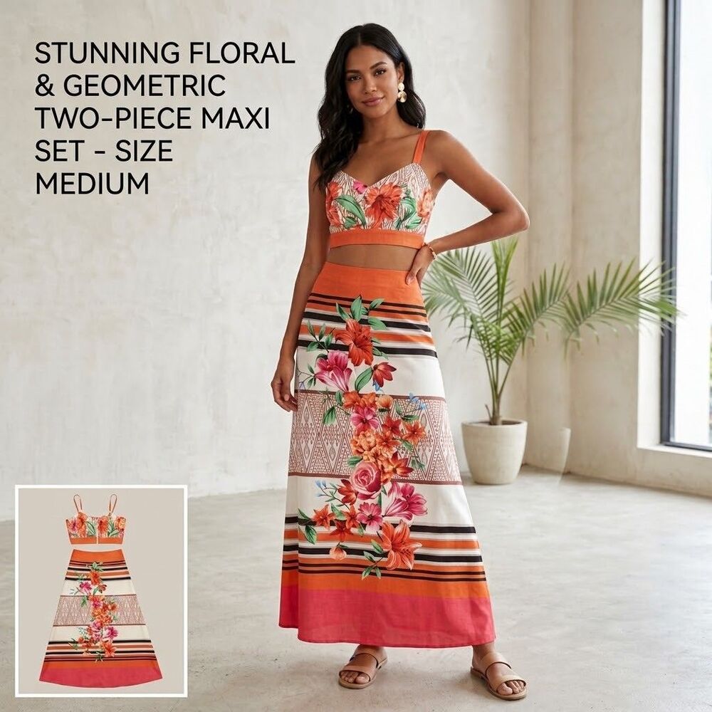 La Diosa Floral & Geometric Print Two-Piece Crop Top and Maxi Skirt Set, Medium